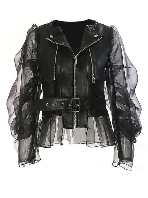 Vegan Leather Jacket with Mesh Sleeves - Luxivelle