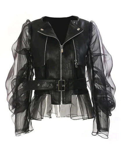 Vegan Leather Jacket with Mesh Sleeves - Luxivelle