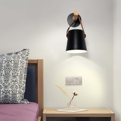 Rustic Wood Wall Lamp with Brown Leather Strap