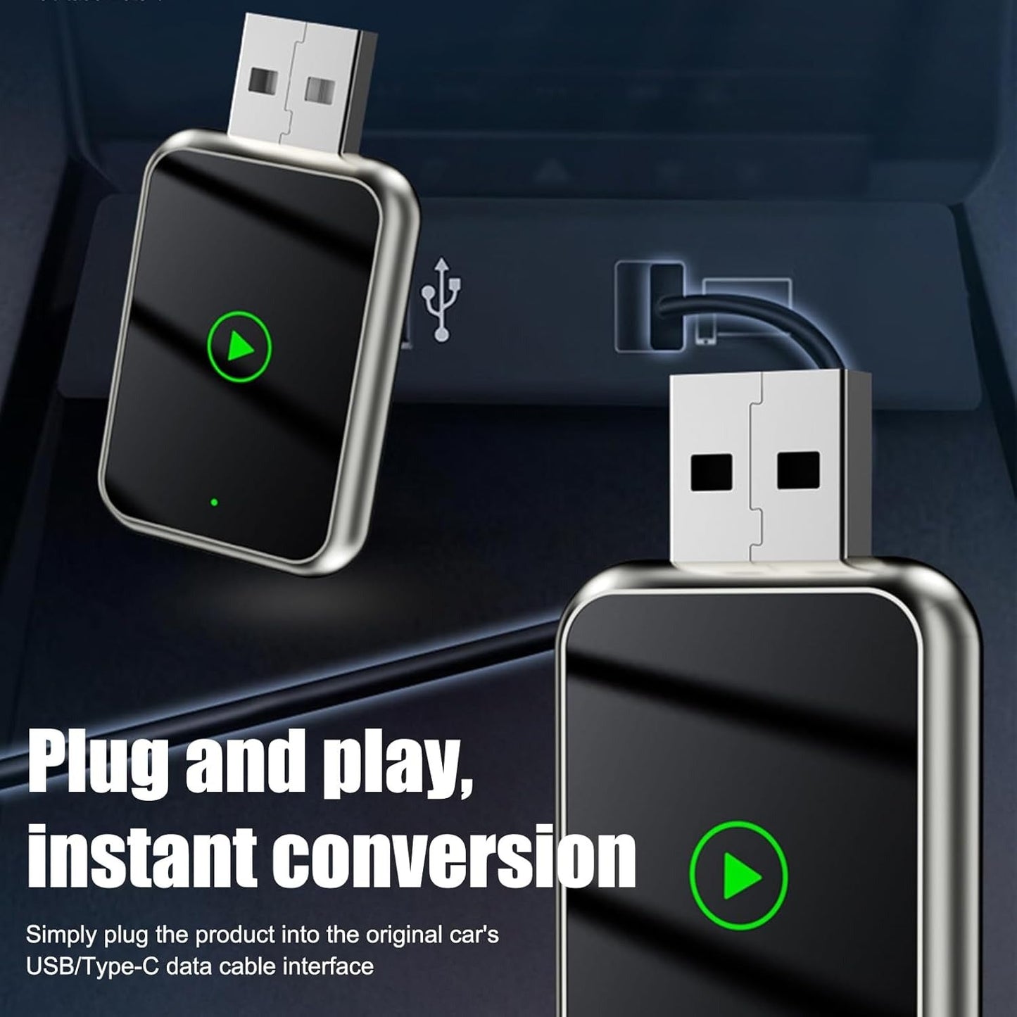 2-in-1 Wireless CarPlay & Android Auto adapter, compact design, seamless connectivity, clutter-free, plug-and-play solution.