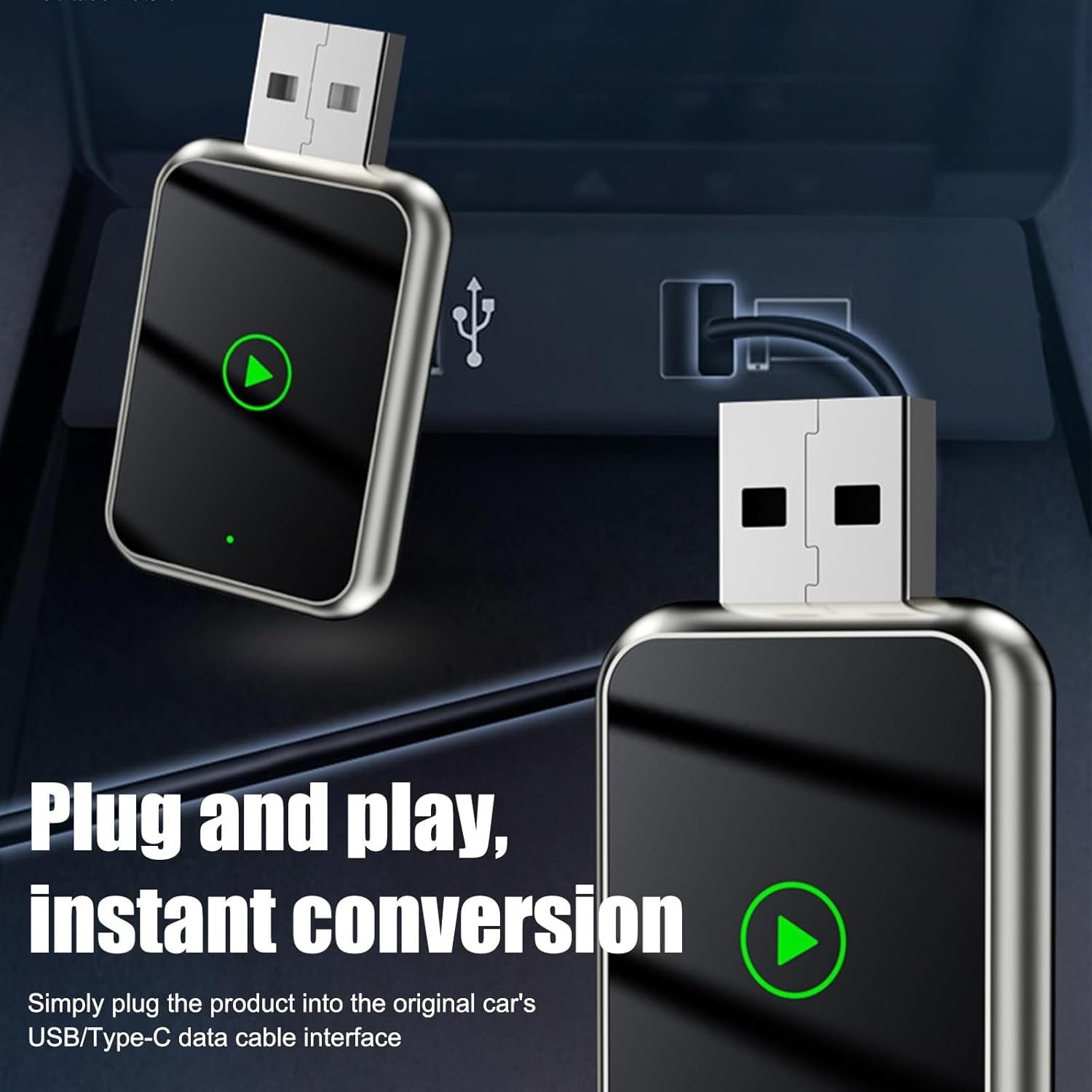 2-in-1 Wireless CarPlay & Android Auto adapter, compact design, seamless connectivity, clutter-free, plug-and-play solution.