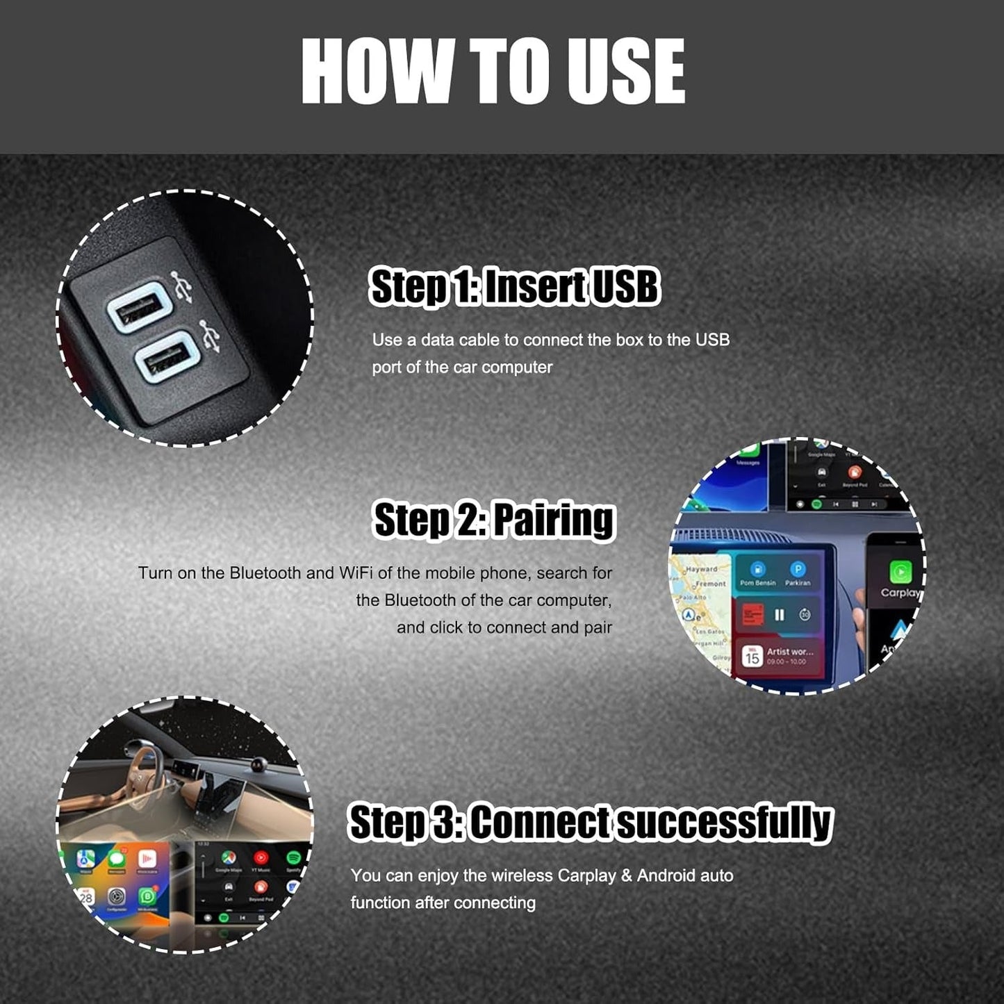 2-in-1 Wireless CarPlay & Android Auto adapter, compact design, seamless connectivity, clutter-free, plug-and-play solution.