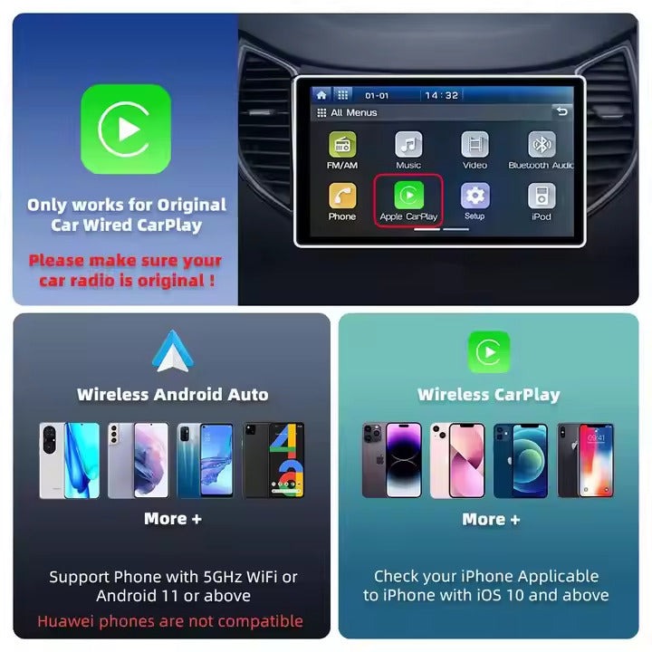 2-in-1 Wireless CarPlay & Android Auto adapter, compact design, seamless connectivity, clutter-free, plug-and-play solution.