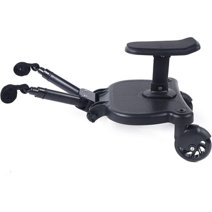"2-wheel buggy board with seat for strollers, black with 360° swivel wheels, removable seat, non-slip platform, suits toddler