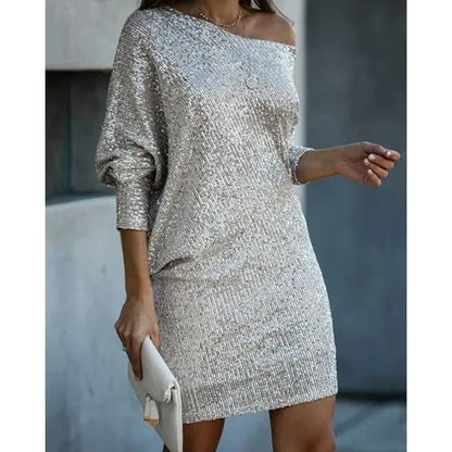 Glittery Asymmetric Little Black Dress for Ladies