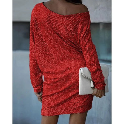 Glittery Asymmetric Little Black Dress for Ladies