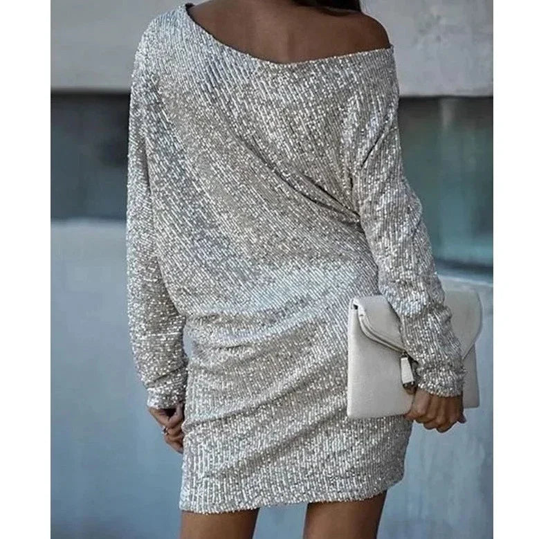 Glittery Asymmetric Little Black Dress for Ladies