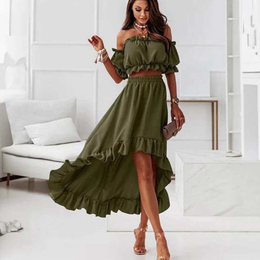 Ladies' Cold Shoulder Ruffle Top & Asymmetrical Skirt Set