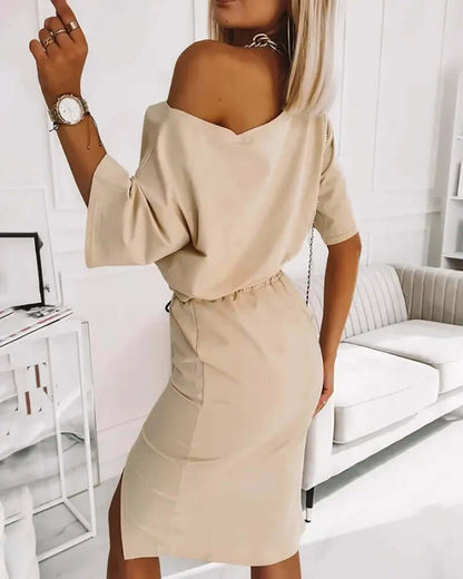 Trendy Off Shoulder Crop Top & High Slit Skirt Set