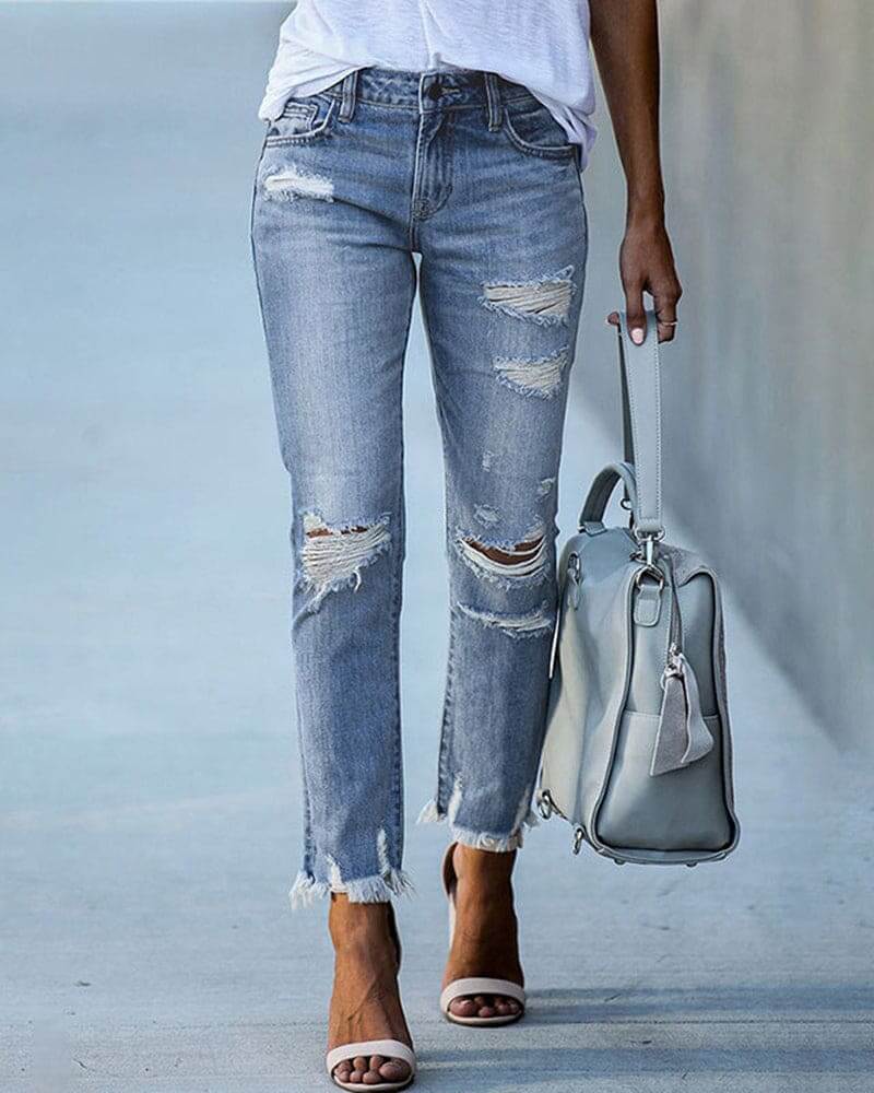 Distressed Fashionable Women's Blue Jeans - Luxivelle