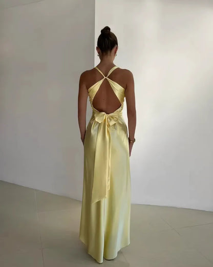 Elegant V-Neck Satin Backless Maxi Evening Dress