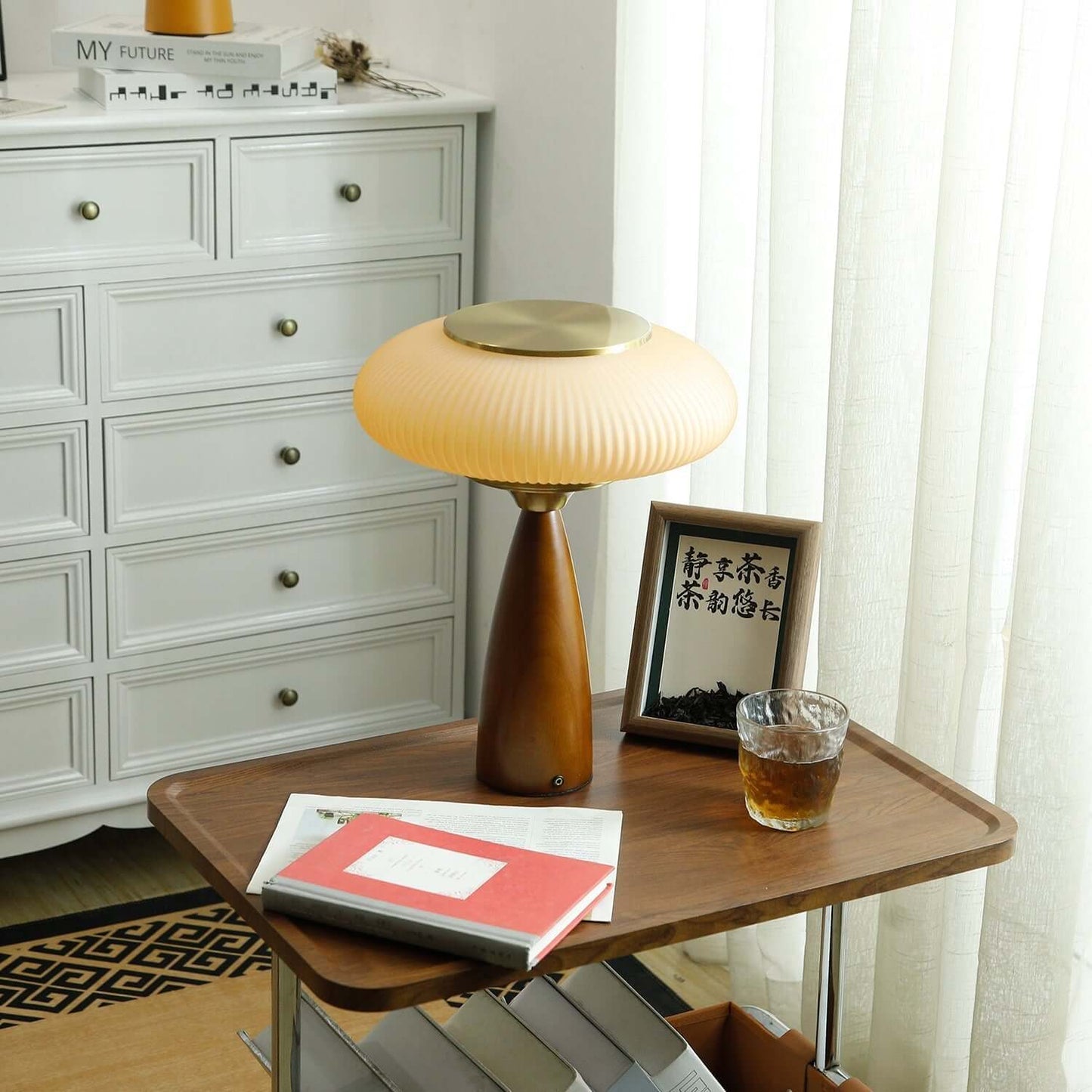 Small Glass Desk Lamp with Wood Base