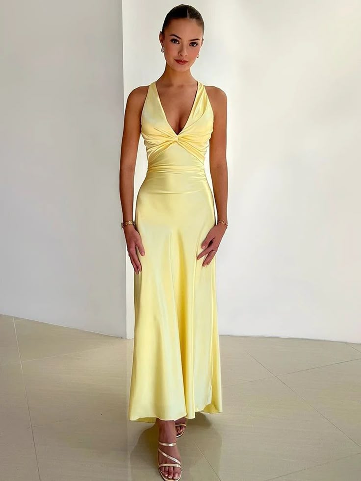 Elegant V-Neck Satin Backless Maxi Evening Dress - Luxivelle
