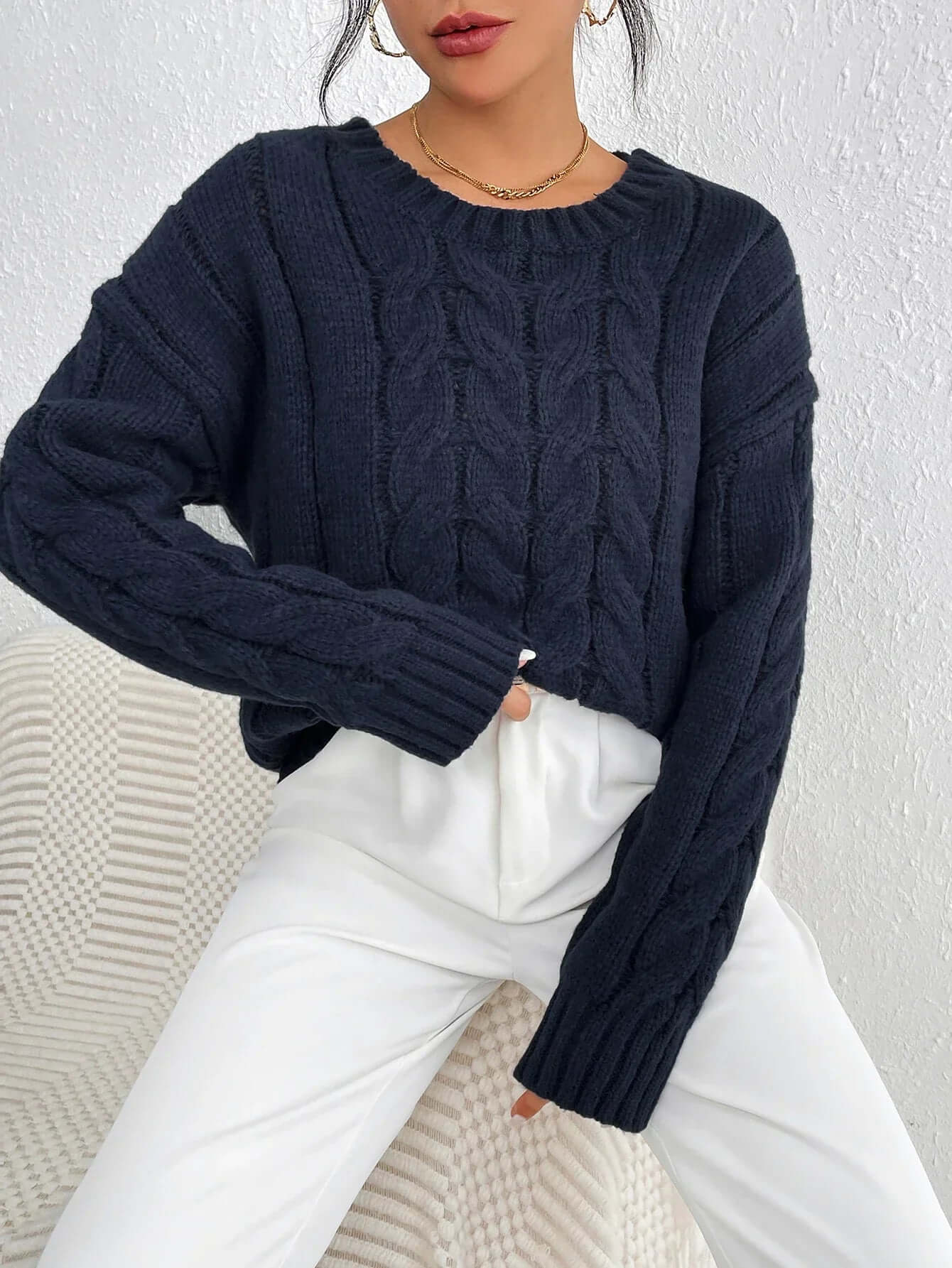 Relaxed Fit Cable Knit Sweater - Luxivelle