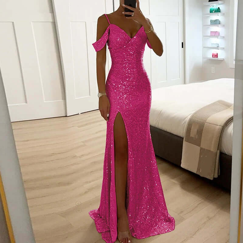Glittering Formal Dress, Off Shoulder, Bodycon, V Neck