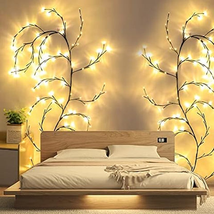 "2.3m LED grapevine fairy lights with remote, 144 LEDs, flexible modes, ideal for indoor/outdoor ambiance settings."