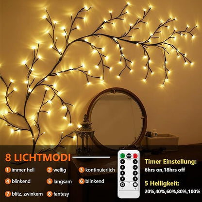 "2.3m LED grapevine fairy lights with remote, 144 LEDs, flexible modes, ideal for indoor/outdoor ambiance settings."