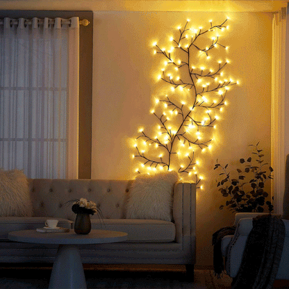 "2.3m LED grapevine fairy lights with remote, 144 LEDs, flexible modes, ideal for indoor/outdoor ambiance settings."