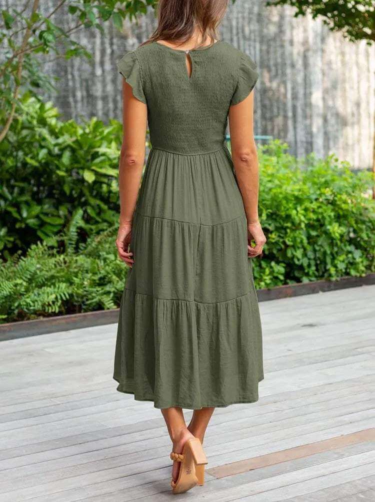 Ladies Floral Midi Dress with Ruffled Sleeves