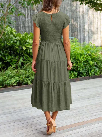 Ladies Floral Midi Dress with Ruffled Sleeves