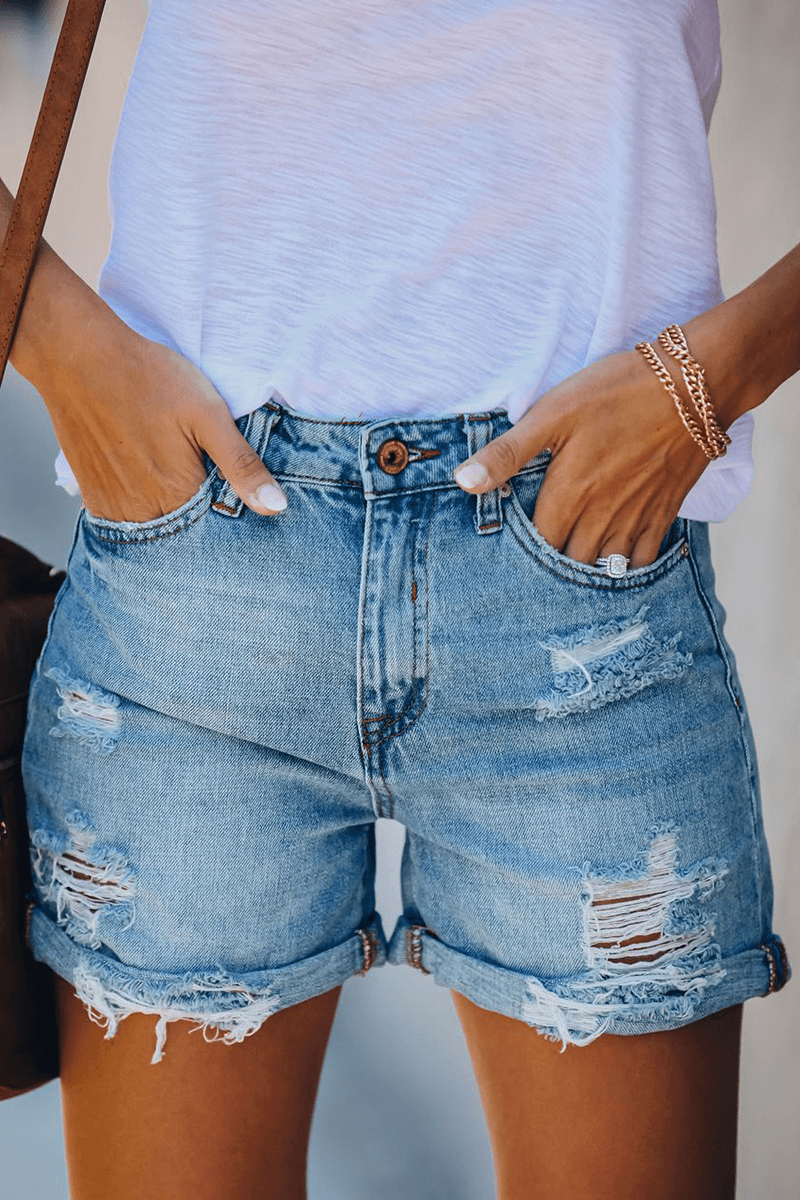 Distressed Denim Shorts with Tassels - Luxivelle