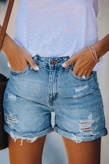 Distressed Denim Shorts with Tassels - Luxivelle