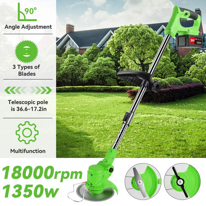 "24V cordless grass trimmer with adjustable head; lightweight, sleek design; ideal for trimming and edging in gardens."