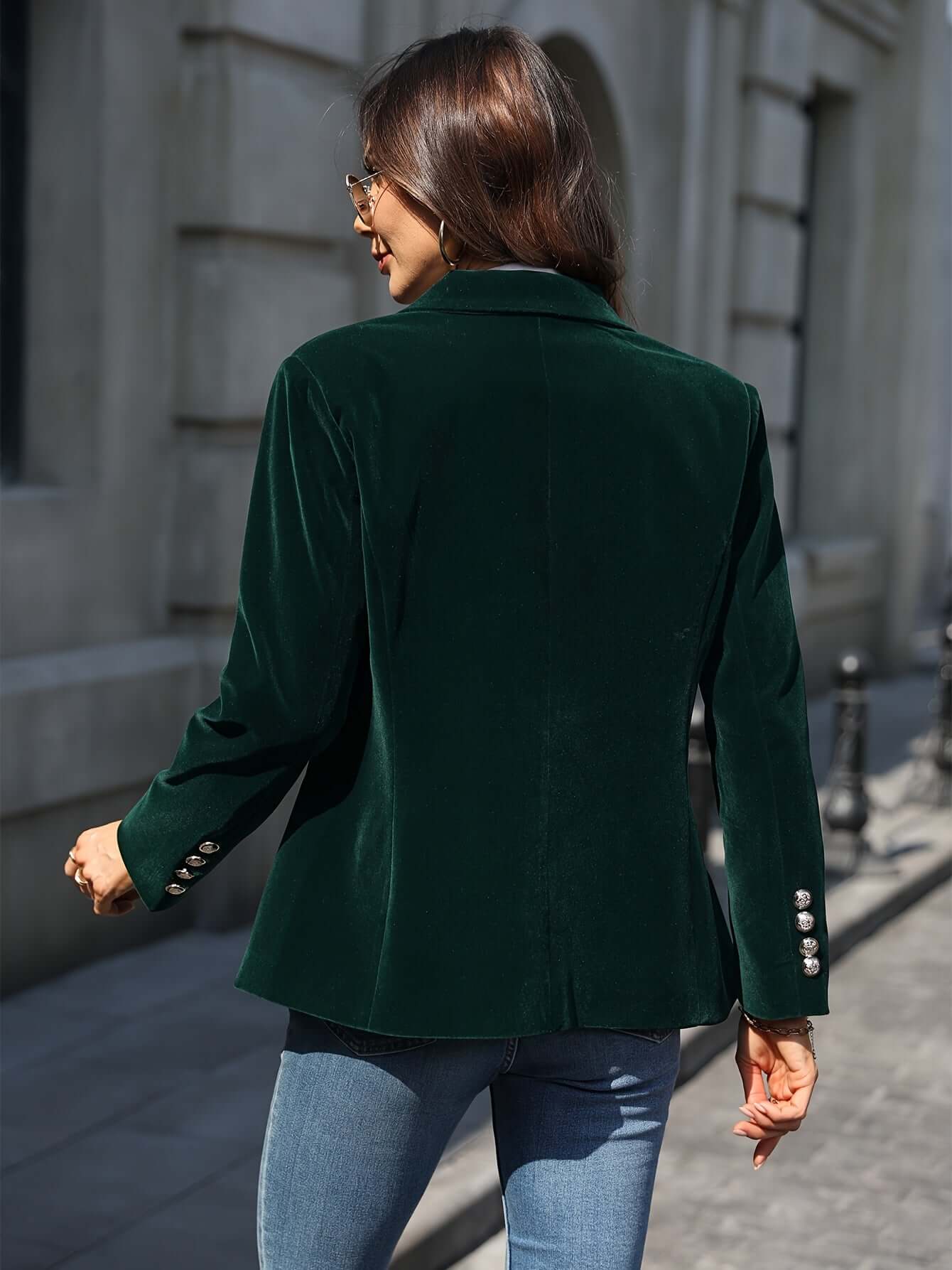 Ladies Emerald Velvet Jacket with Shiny Gold Buttons