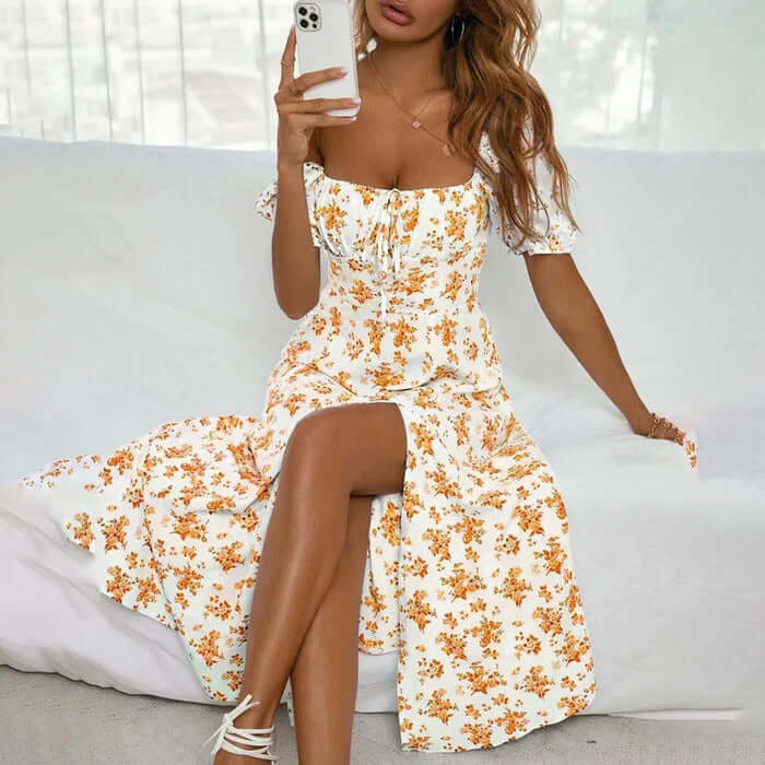Casual Floral Maxi Dress with Adjustable Waist