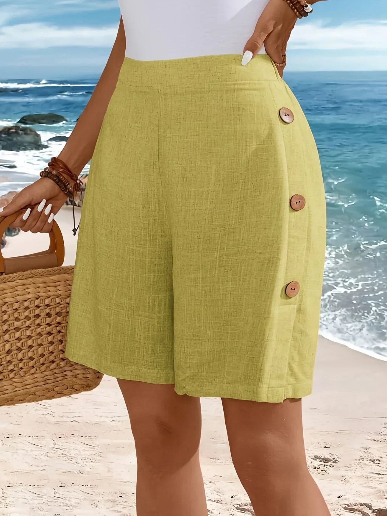 Elastic Waist Casual Button Shorts