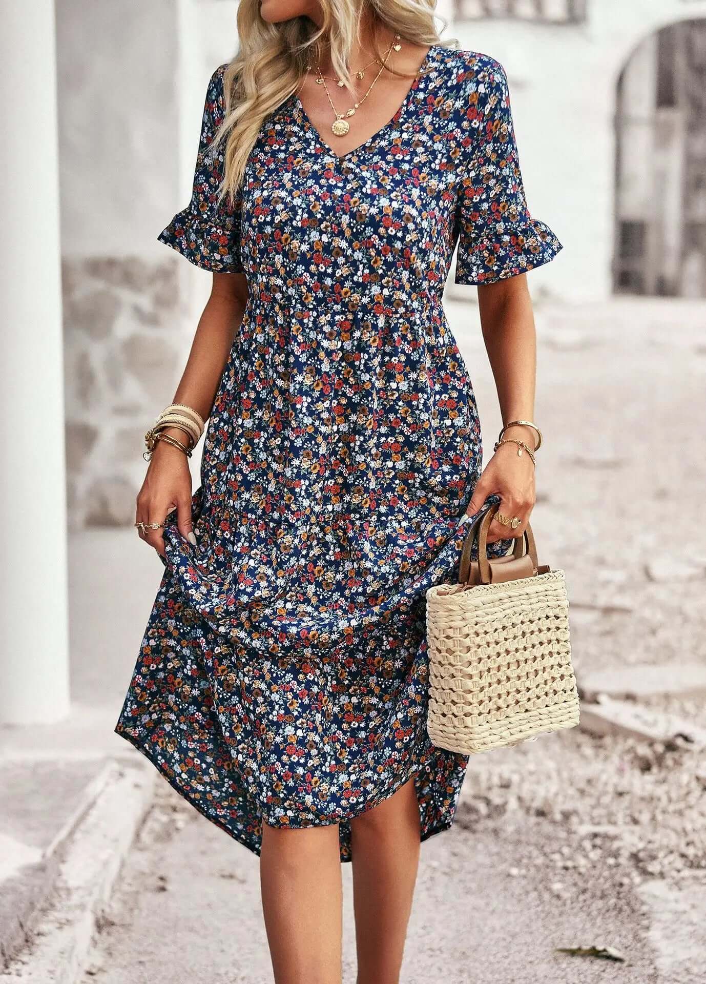 Pretty Patterned V Neck Dress
