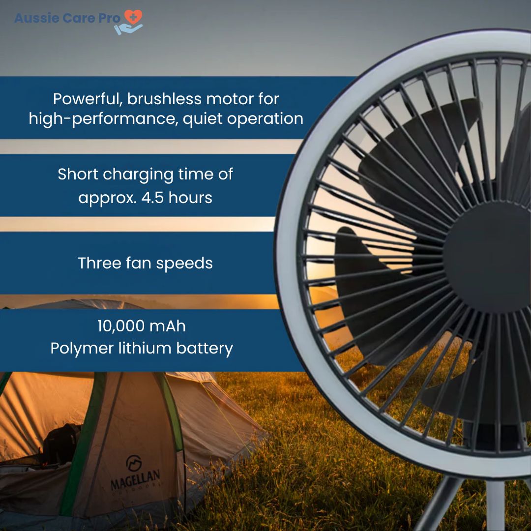 Portable Outdoor Fan with LED Light and USB Charger