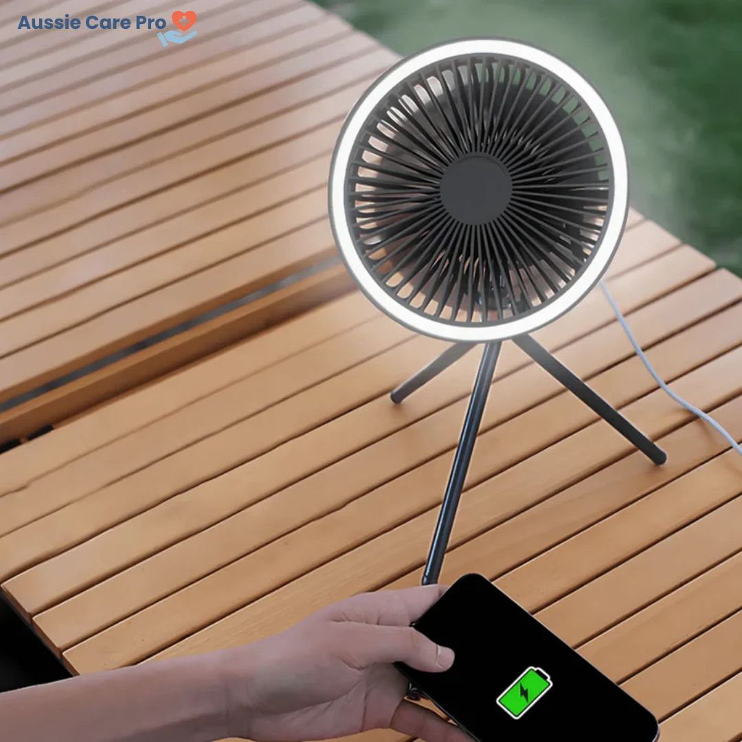 Portable Outdoor Fan with LED Light and USB Charger