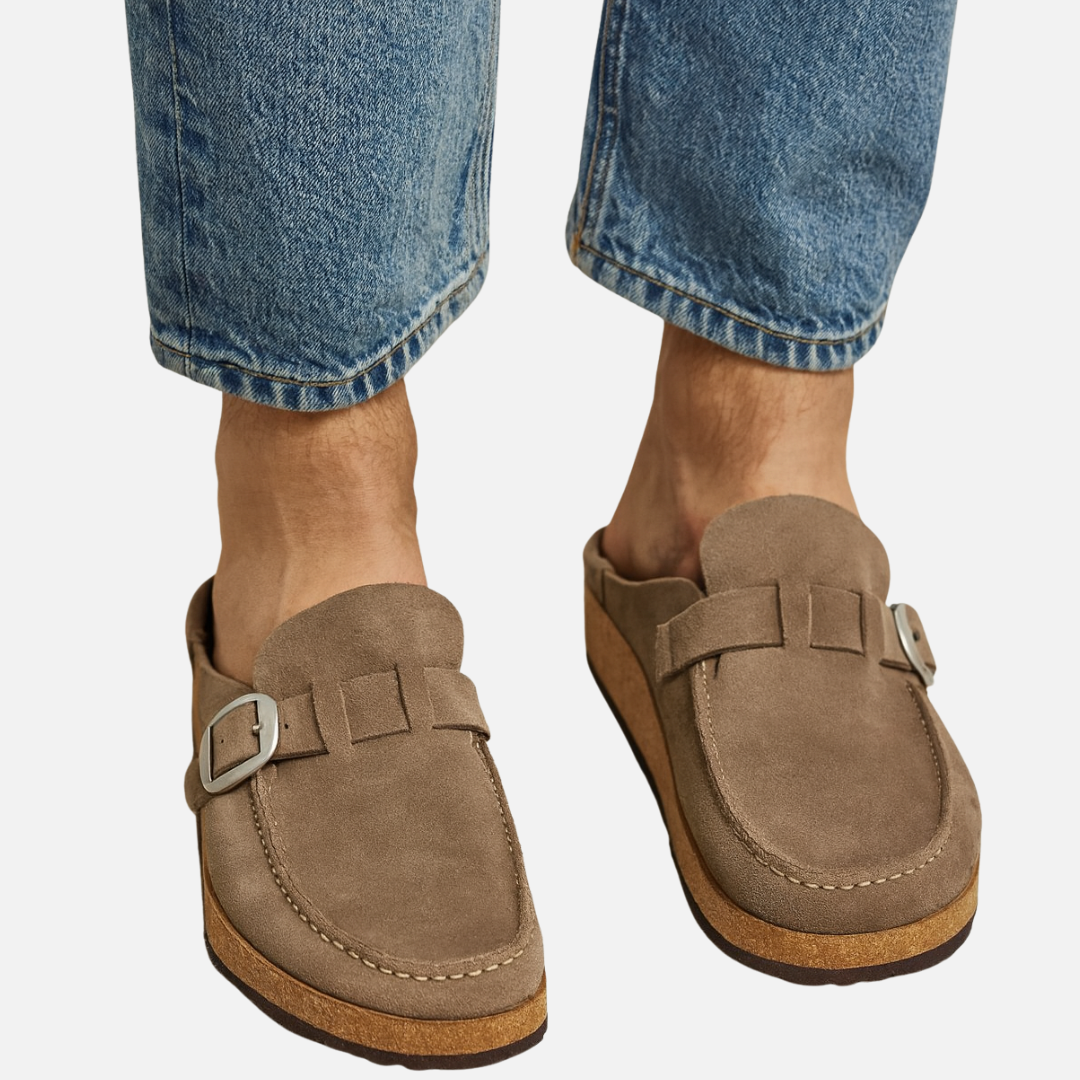 Men’s Suede Mules with Buckle - Closed Toe Slip-On Sandals
