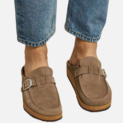 Men’s Suede Mules with Buckle - Closed Toe Slip-On Sandals
