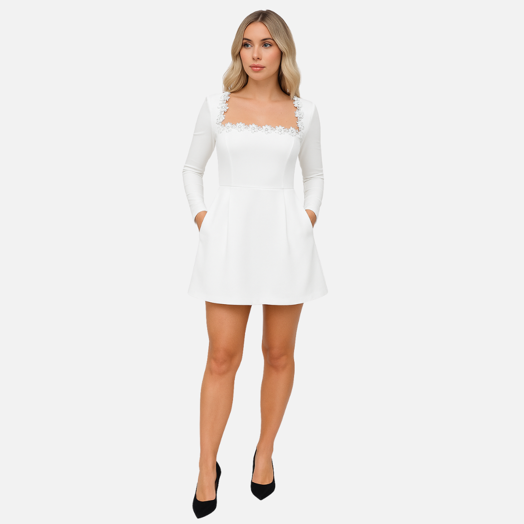 Women's Velvet Mini Dress - Elegant Square Neck Floral Trim Party Dress