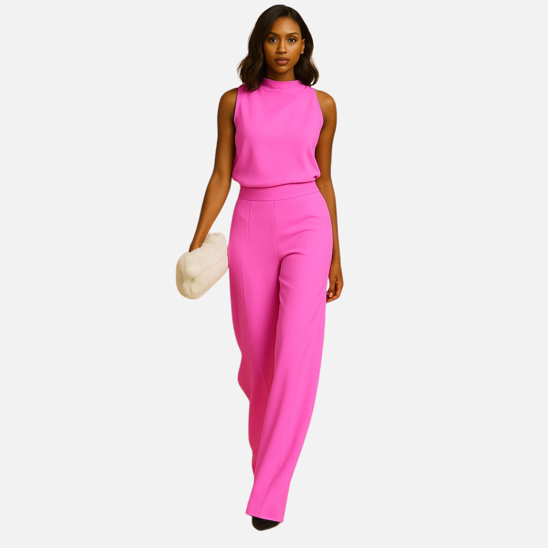 Women's High-Waisted Wide-Leg Jumpsuit - Sleeveless Mock Neck Suit