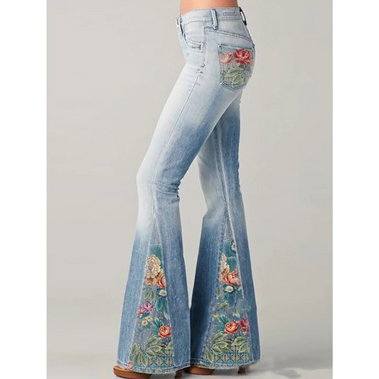 Women's Wide Leg Jeans with Classic Floral Embroidery - Luxivelle