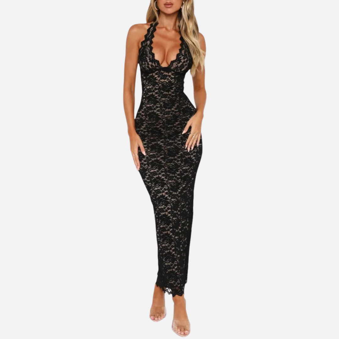 Women’s Black Lace Halter Maxi Dress