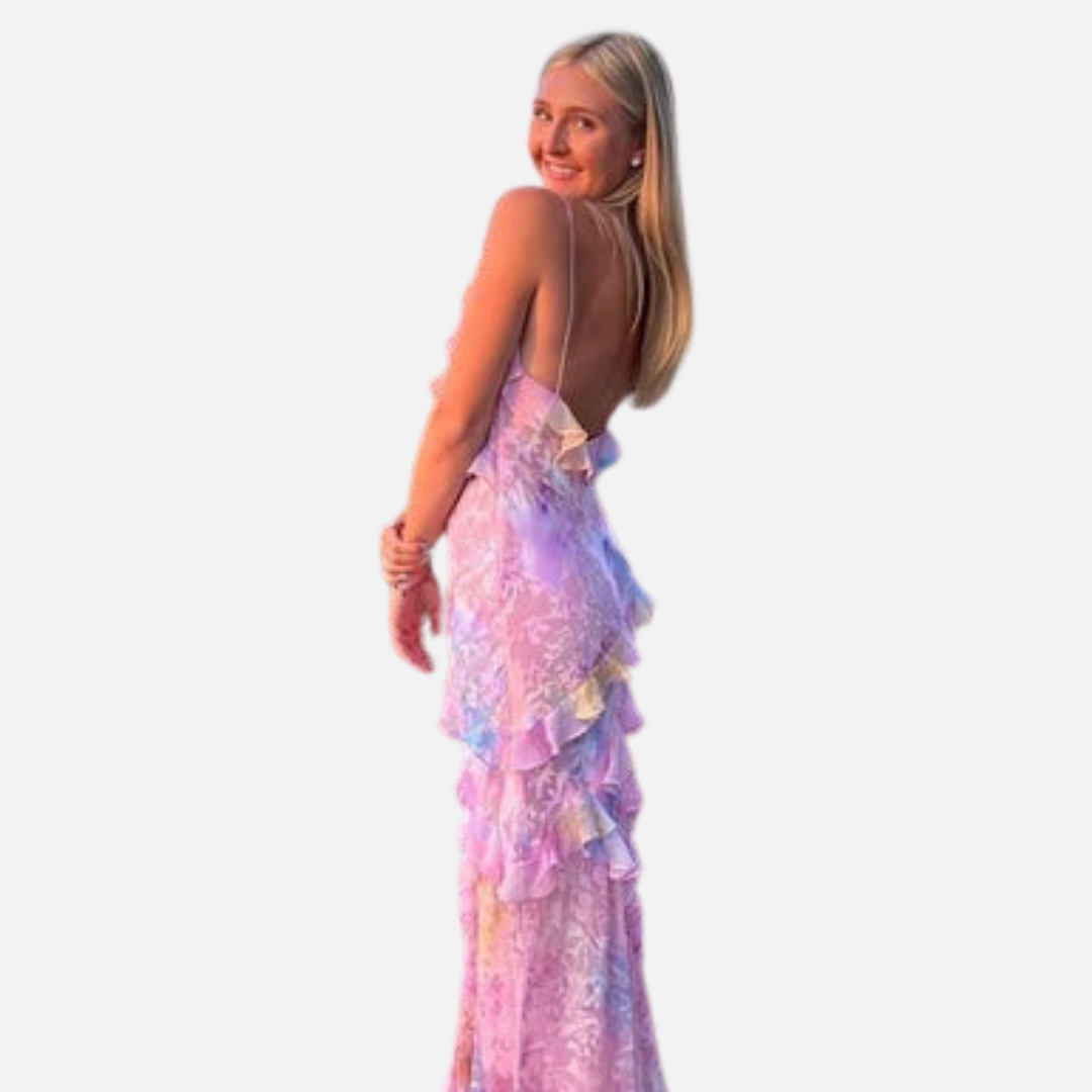 Women's Floral Ruffle Maxi Dress - Backless Summer Slip Dress