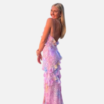 Women's Floral Ruffle Maxi Dress - Backless Summer Slip Dress