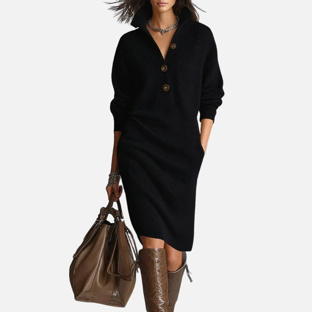 Clara | Ribbed Knit Polo Midi Dress