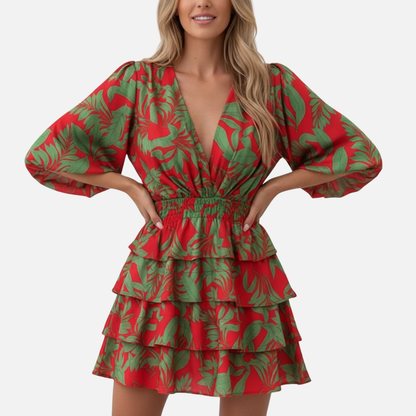 Women's Boho Tiered Mini Dress - Colorful V-Neck Summer Party Dress
