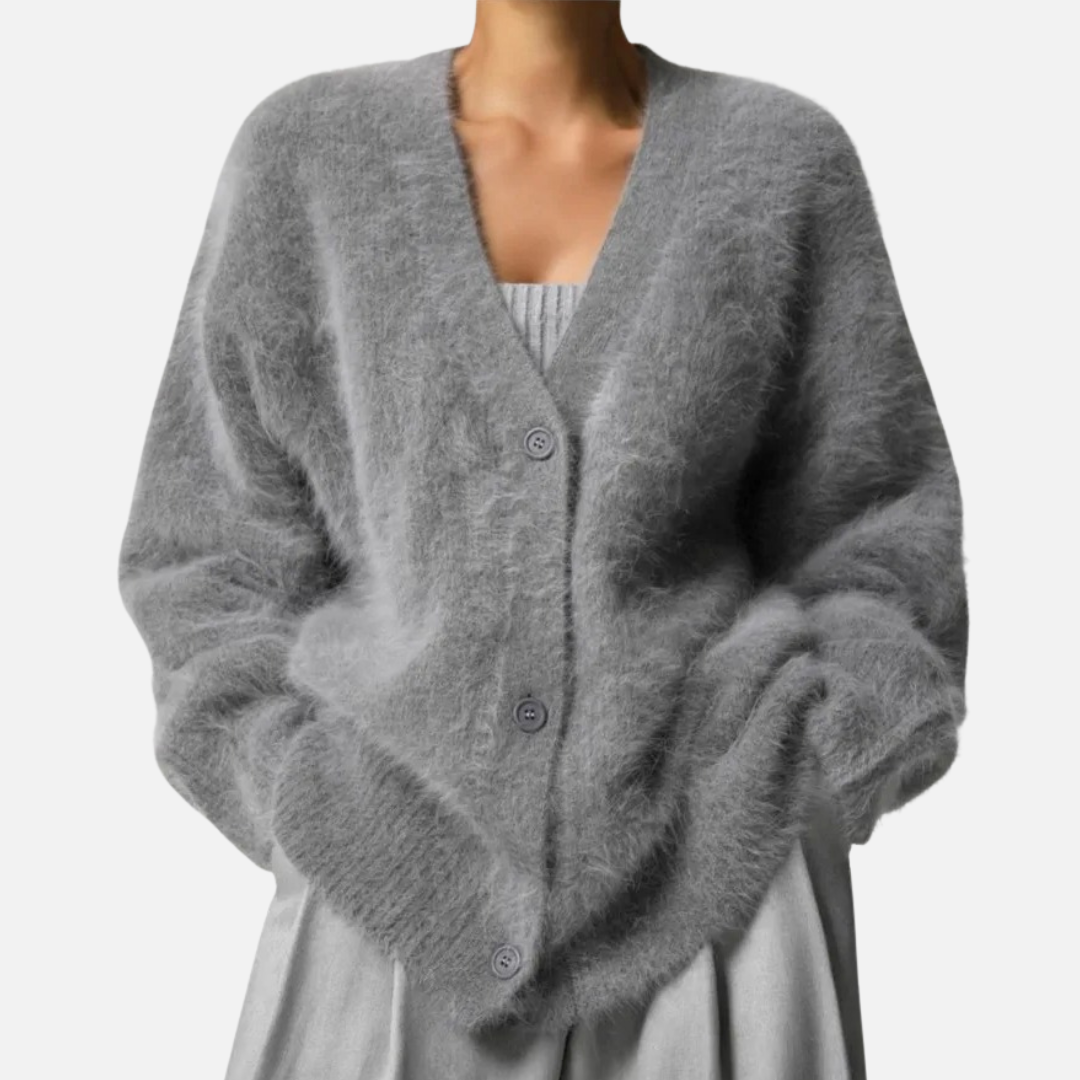 Women's Oversized Knit Cardigan - Soft Fuzzy Button Front Jumper