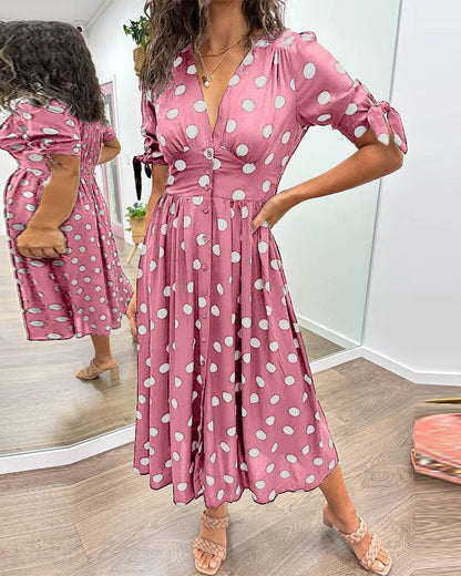 Women's Spotted V Neck Summer Dress