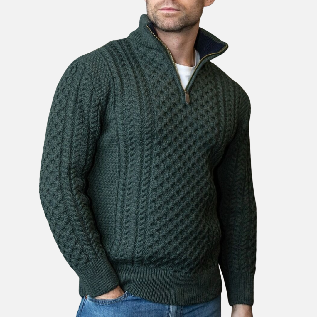 Men's Cable Knit Quarter Zip Pullover - Classic Aran Style Pullover