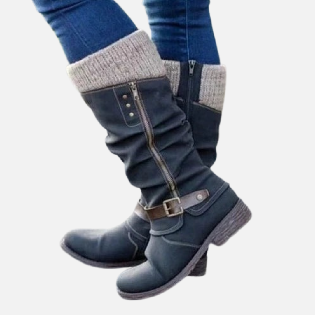 Women's Mid-Calf Slouch Boots - Warm Knit Trim Winter Walking Shoes