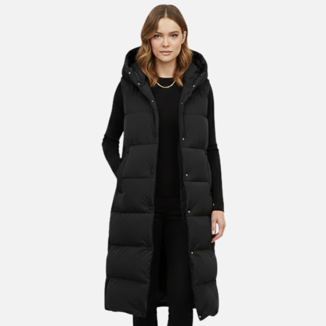 Women's Longline Puffer Vest - Hooded Sleeveless Quilted Gilet