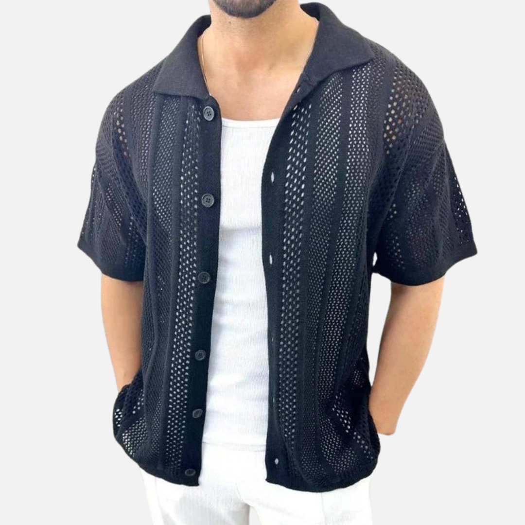 Men's Knit Cuban Collar Shirt - Short Sleeve Pointelle Button-Up Top