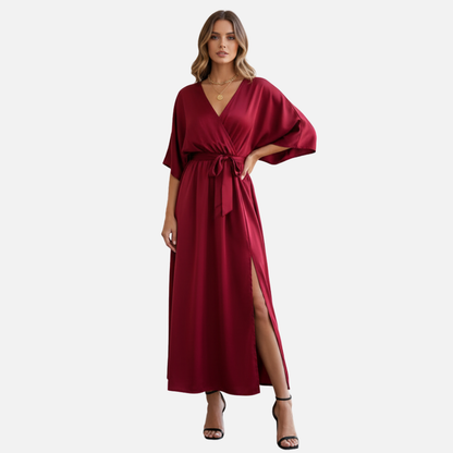 Women's Satin Maxi Dress - Elegant V-Neck Batwing Sleeve Evening Gown
